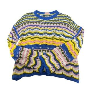 C+D+M‎ Crochet Muti-Color Bohemian Sweater Flared Sleeve Scallop Hem Size Medium